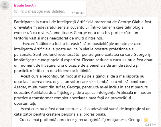 Testimonial Alin Istrate - Training AI CODE24